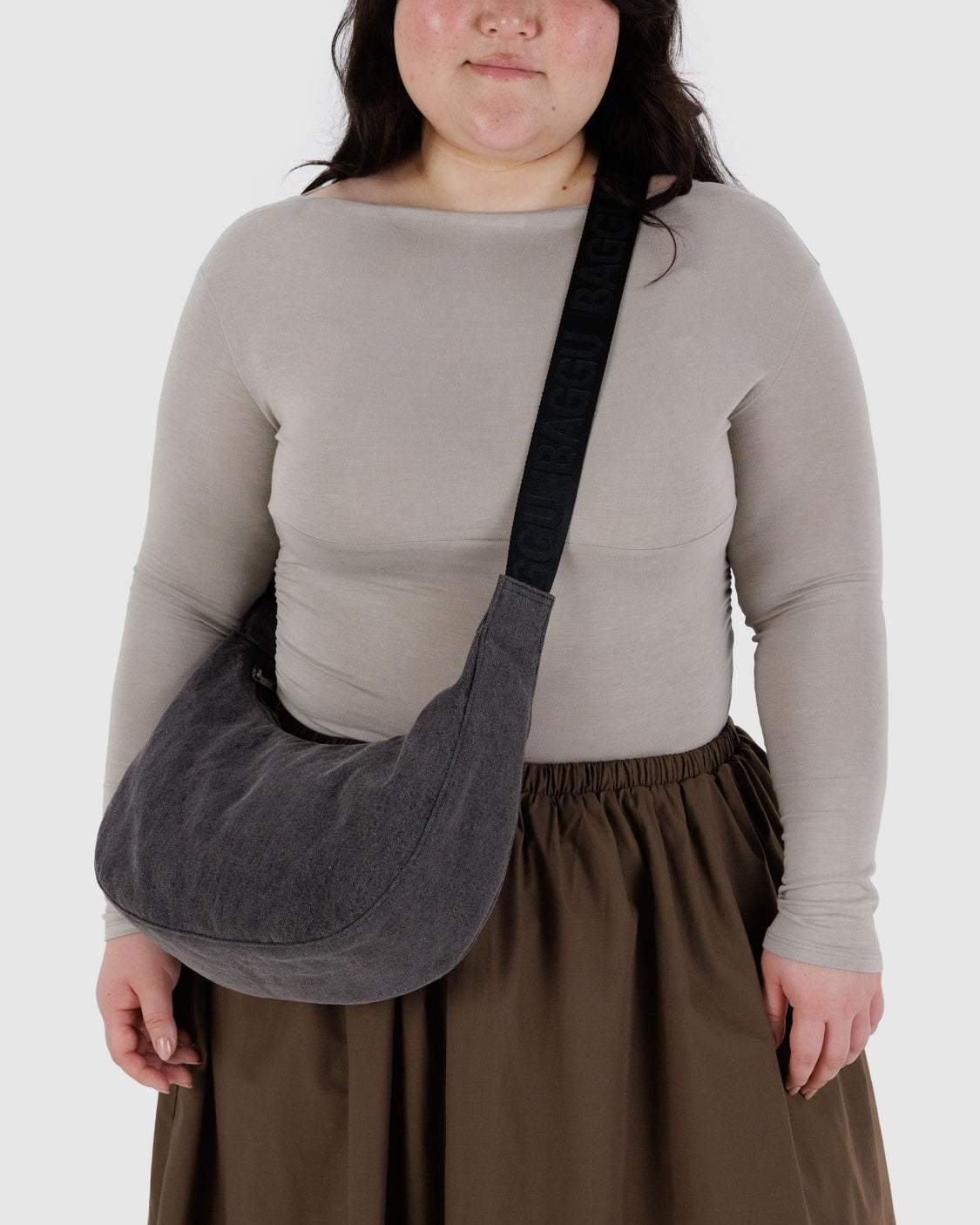 Medium Denim Crescent Bag - Washed Black Denim - On The Go