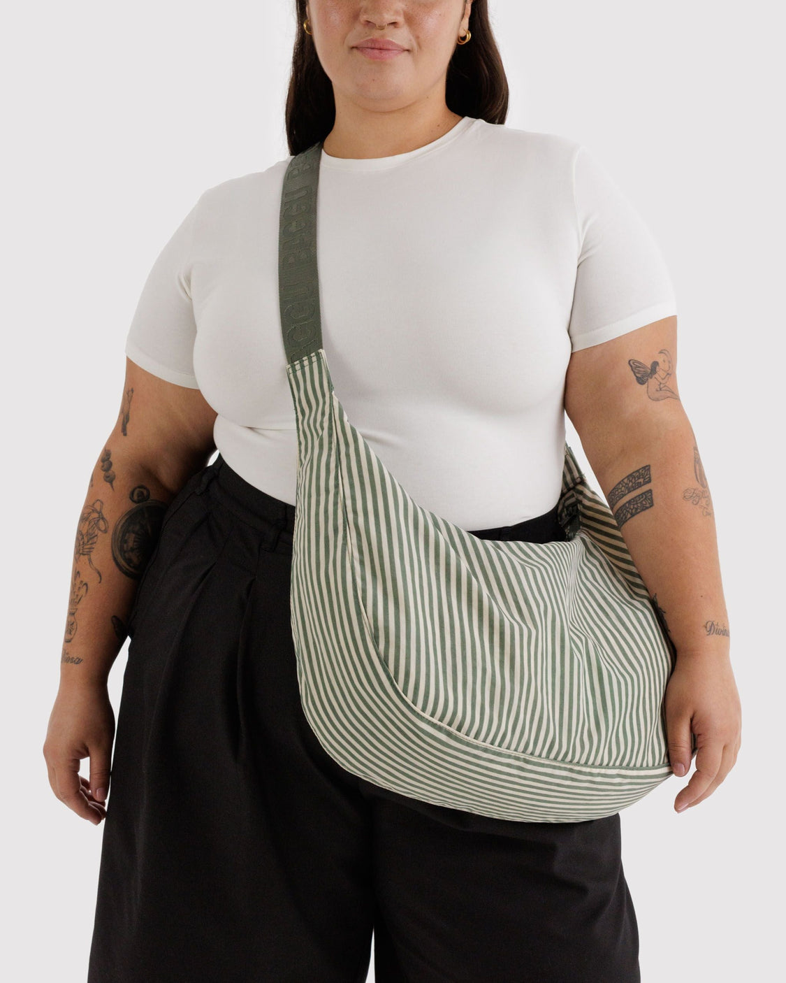 Large Nylon Crescent Bag - Sage Stripe - Everyday Pick
